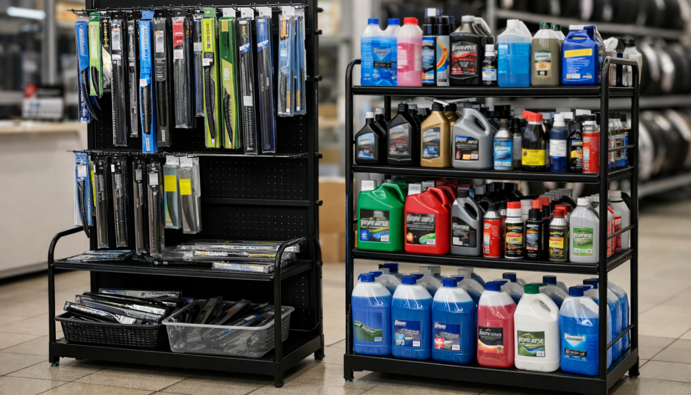 Stojaki na wycieraczki i płyny eksploatacyjne