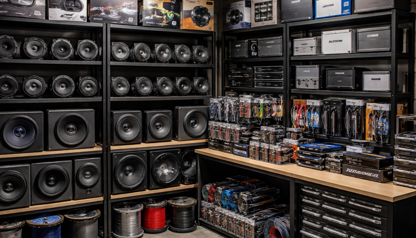 Regały na akcesoria car audio w warsztacie