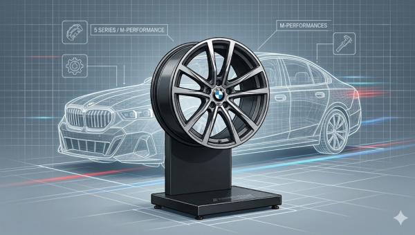 Nowoczesne, czarne metalowe stojaki ekspozycyjne prezentujące oryginalne felgi BMW serii 5 w jasnym, przeszklonym salonie samochodowym.