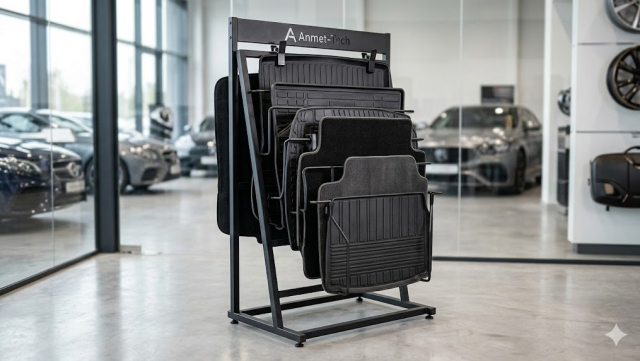 Nowoczesny, czarny metalowy stojak ekspozycyjny wykonany na zamówienie, prezentujący różne rodzaje mat bagażnikowych w profesjonalnym salonie z akcesoriami automotive.
