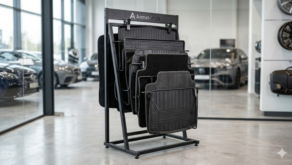 Nowoczesny, czarny metalowy stojak ekspozycyjny wykonany na zamówienie, prezentujący różne rodzaje mat bagażnikowych w profesjonalnym salonie z akcesoriami automotive.