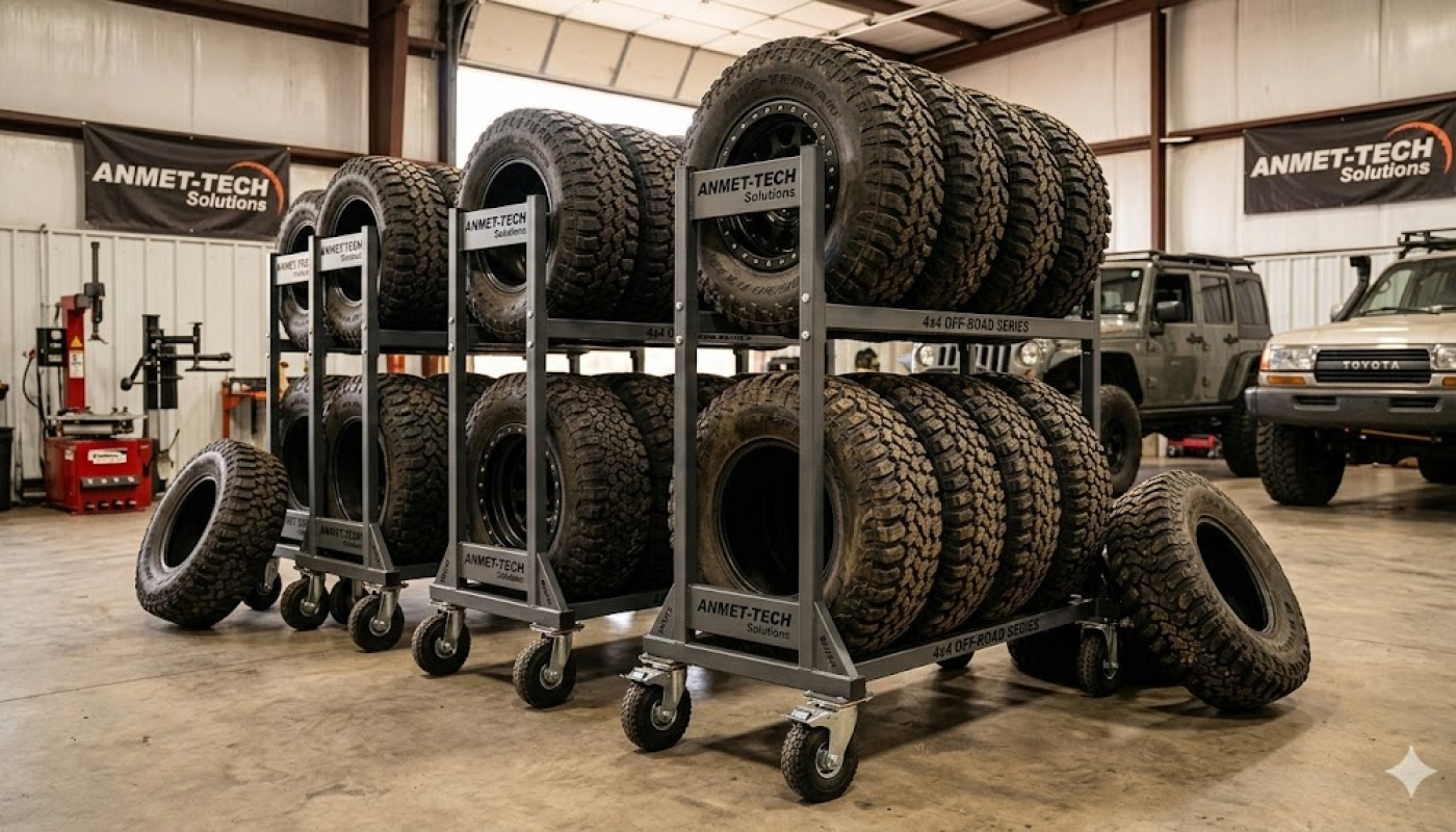 Solidny, metalowy mobilny regał z trzema poziomami załadowany dużymi oponami terenowymi (off-road) z felgami, w profesjonalnym warsztacie off-road