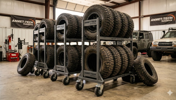 Solidny, metalowy mobilny regał z trzema poziomami załadowany dużymi oponami terenowymi (off-road) z felgami, w profesjonalnym warsztacie off-road