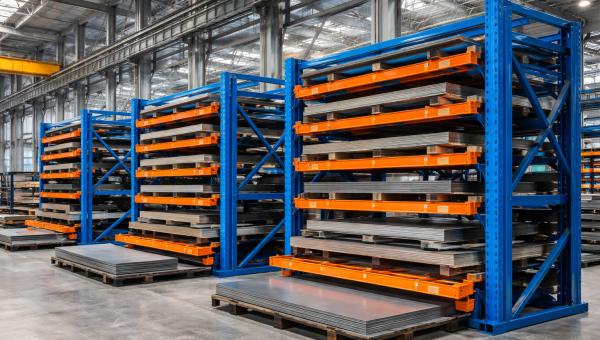 Regały do składowania blach metalowych w fabryce